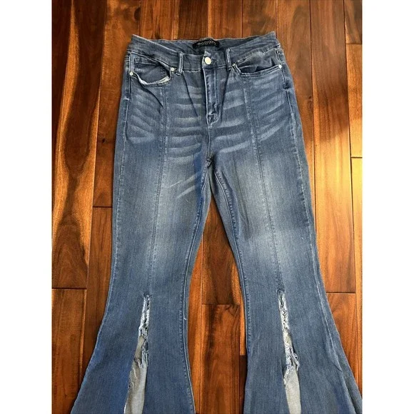 Eva Longoria Flare Distressed Slit Women’s Blue Denim Jeans Size 12 - Picture 4 of 16